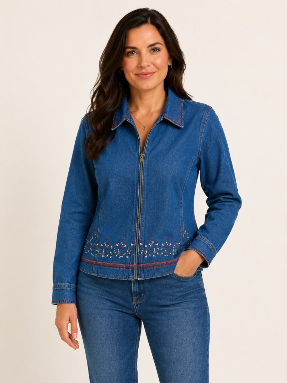 Northern Reflections Chambray Embroidered Jacket Cottagecore Denim Zip
